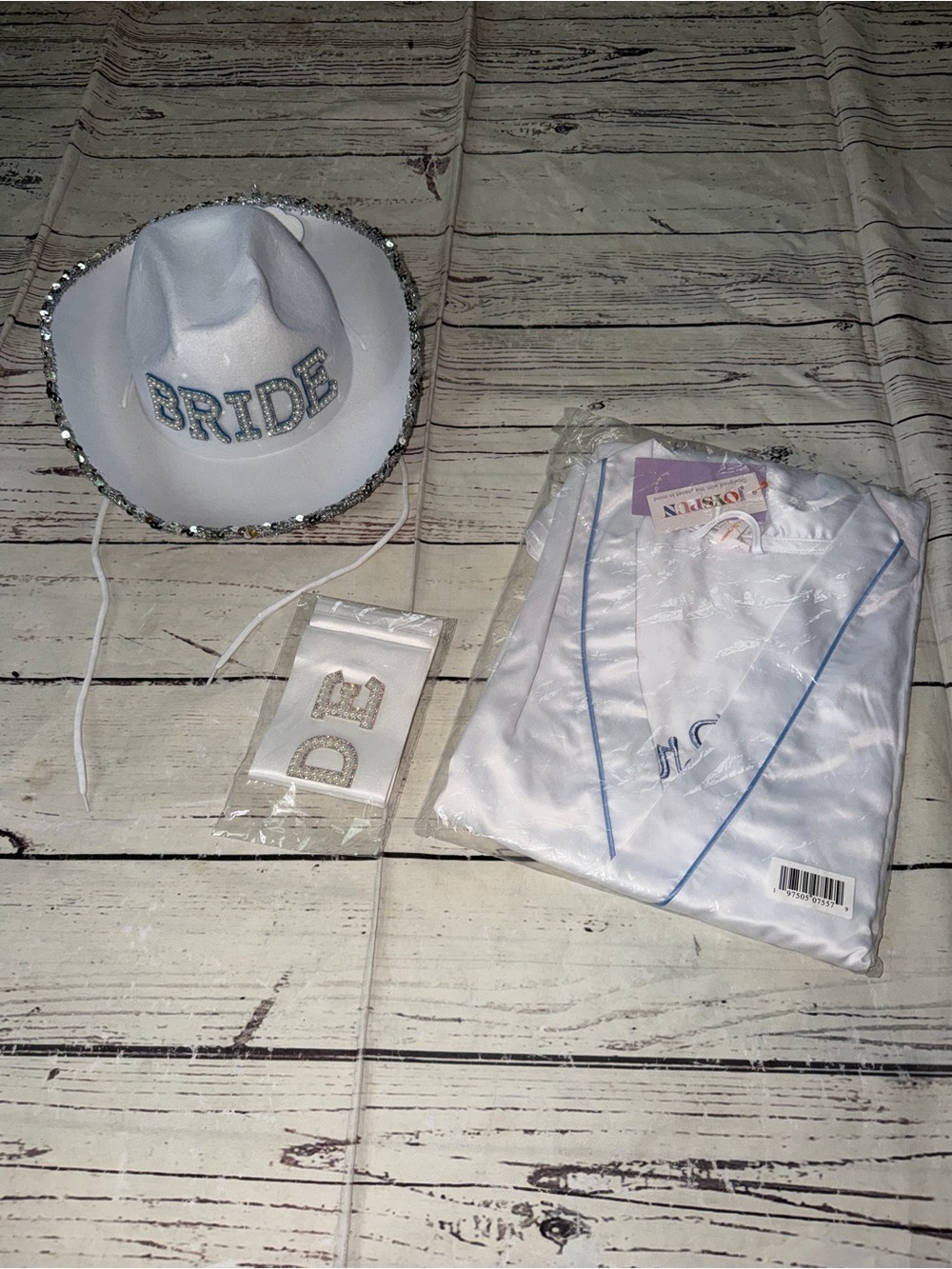 Bundle Bride Satin Robe, Cowboy Hat Set & bride ribbon White with Silver Accents